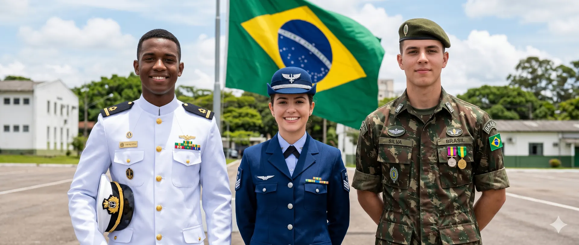 Jovens das três Forças Armadas — Marinha, Aeronáutica e Exército — com a bandeira do Brasil